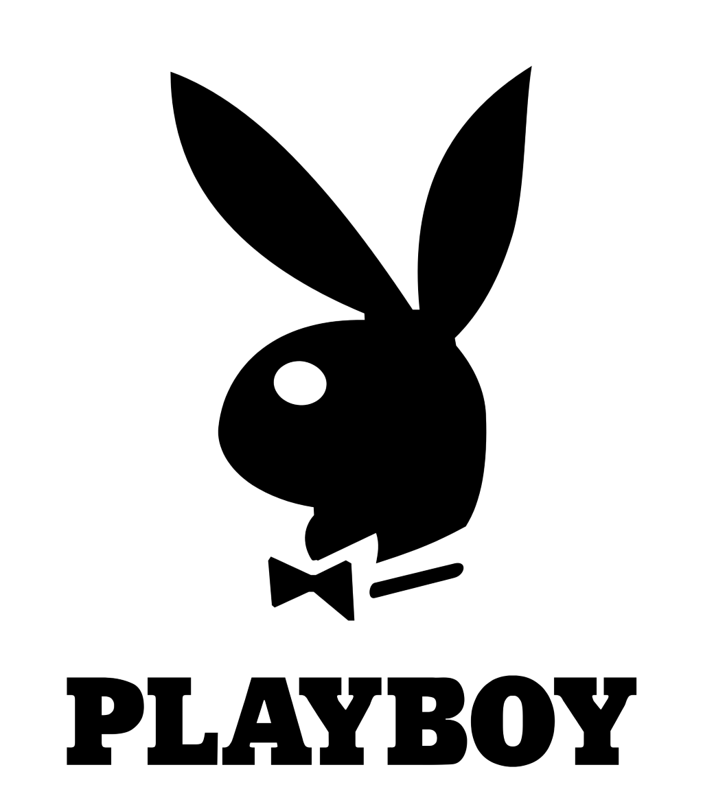 Playboy rabbit, text, logo, black, white